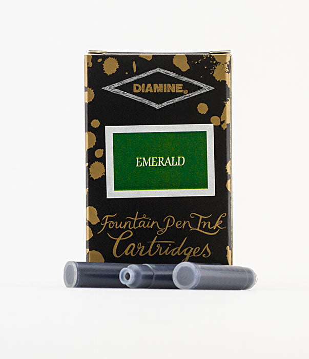 A packet of 18 Diamine fountain pen ink cartridges in Emerald, in front of a white background.