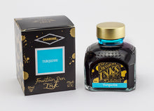 Load image into Gallery viewer, A glass bottle of 80ml Diamine Turquoise fountain pen ink next to its packaging box, in front of a white background.
