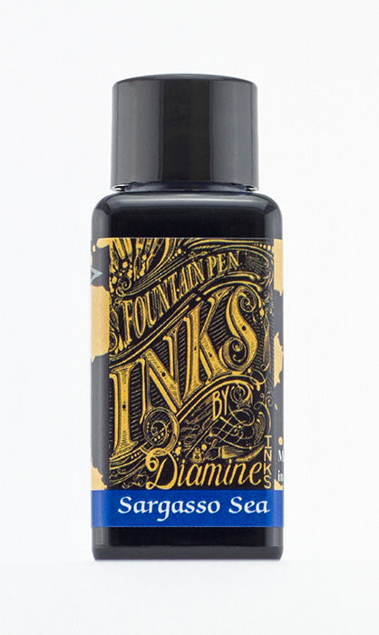 A bottle of 30ml Diamine Sargasso Sea fountain pen ink, in front of a white background.