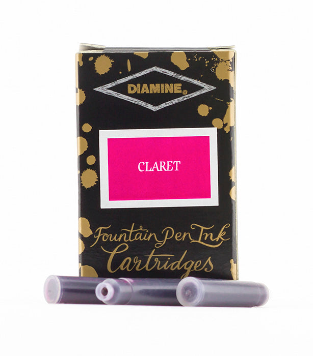 A packet of 18 Diamine fountain pen ink cartridges in Claret, in front of a white background.