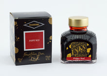 Load image into Gallery viewer, A glass bottle of 80ml Diamine Poppy Red fountain pen ink next to its packaging box, in front of a white background.
