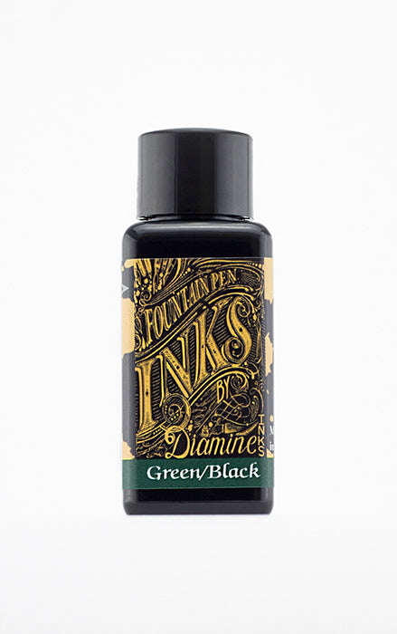 A bottle of 30ml Diamine Green Black fountain pen ink, in front of a white background.