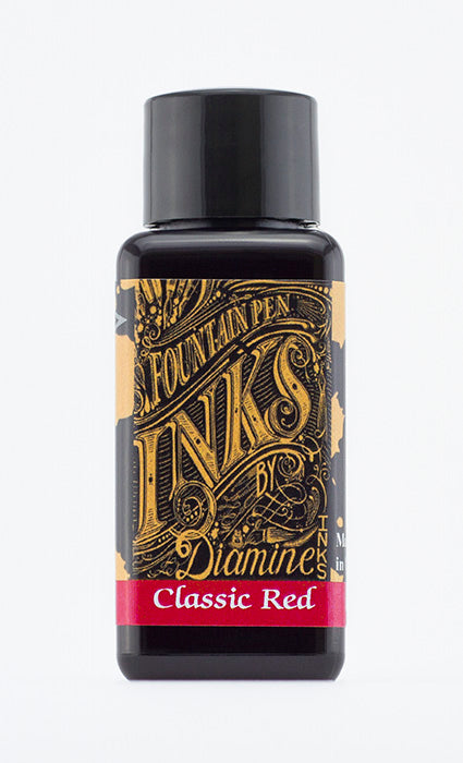 A bottle of 30ml Diamine Classic Red fountain pen ink, in front of a white background.