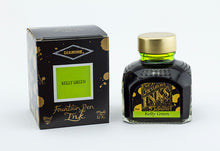 Load image into Gallery viewer, A glass bottle of 80ml Diamine Kelly Green fountain pen ink next to its packaging box, in front of a white background.
