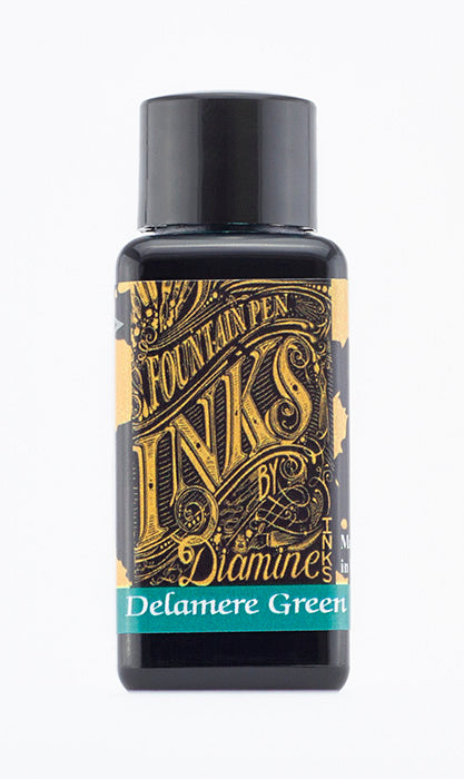 A bottle of 30ml Diamine Delamere Green fountain pen ink, in front of a white background.