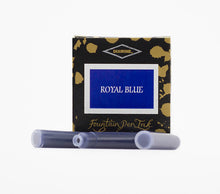 Load image into Gallery viewer, A packet of 6 Diamine fountain pen ink cartridges in Royal Blue, in front of a white background.
