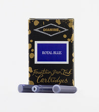 Load image into Gallery viewer, A packet of 18 Diamine fountain pen ink cartridges in Royal Blue, in front of a white background.
