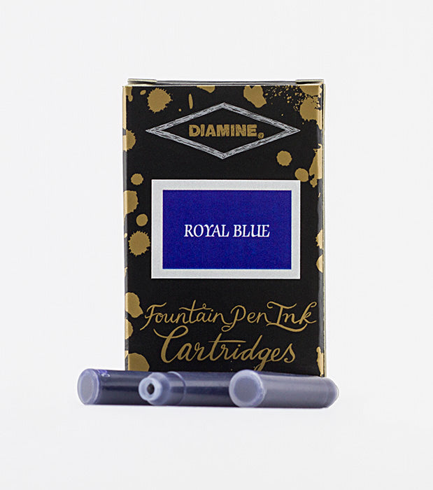 A packet of 18 Diamine fountain pen ink cartridges in Royal Blue, in front of a white background.