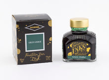 Load image into Gallery viewer, A glass bottle of 80ml Diamine Green Umber fountain pen ink next to its packaging box, in front of a white background.
