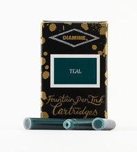 Load image into Gallery viewer, A packet of 18 Diamine fountain pen ink cartridges in Teal, in front of a white background.
