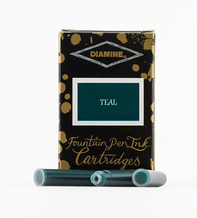 A packet of 18 Diamine fountain pen ink cartridges in Teal, in front of a white background.