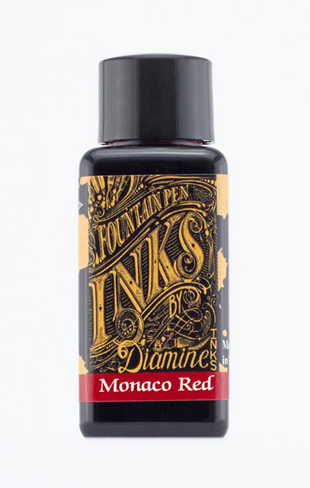 A bottle of 30ml Diamine Monaco Red fountain pen ink, in front of a white background.