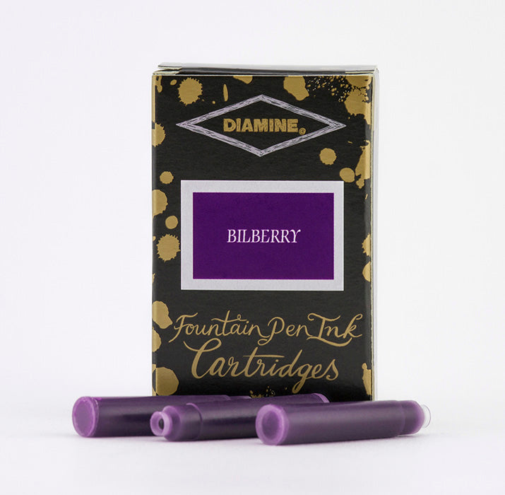 A packet of 18 Diamine fountain pen ink cartridges in Bilberry, in front of a white background.