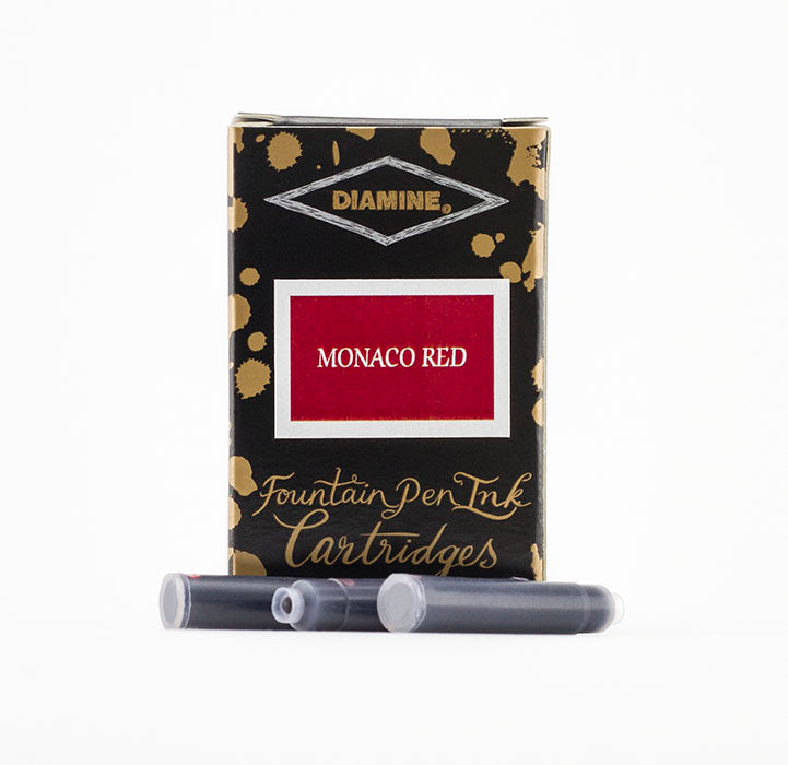 A packet of 18 Diamine fountain pen ink cartridges in Monaco Red, in front of a white background.