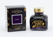 Load image into Gallery viewer, A glass bottle of 80ml Diamine Eclipse fountain pen ink next to its packaging box, in front of a white background.
