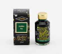 Load image into Gallery viewer, A glass bottle of 50ml Diamine Golden Ivy shimmering fountain pen ink next to its packaging box, in front of a white background.
