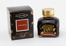 Load image into Gallery viewer, A glass bottle of 80ml Diamine Warm Brown fountain pen ink next to its packaging box, in front of a white background.
