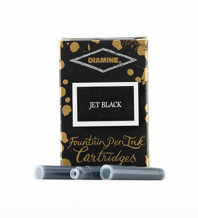 A packet of 18 Diamine fountain pen ink cartridges in Jet Black, in front of a white background.