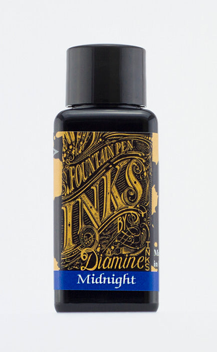 A bottle of 30ml Diamine Midnight fountain pen ink, in front of a white background.