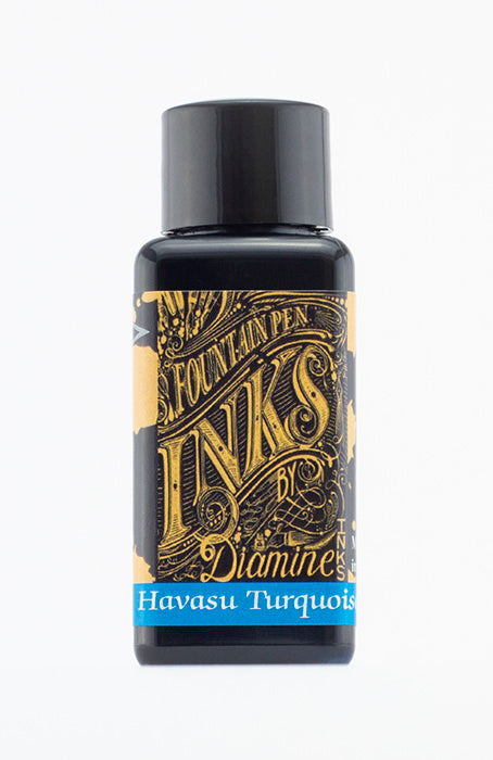 A bottle of 30ml Diamine Havasu Turquoise fountain pen ink, in front of a white background.