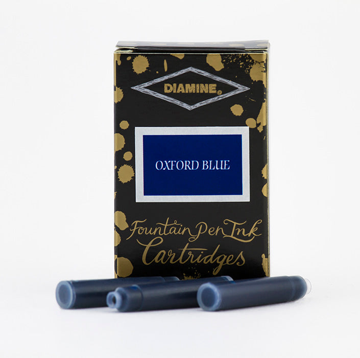 A packet of 18 Diamine fountain pen ink cartridges in Oxford Blue, in front of a white background.