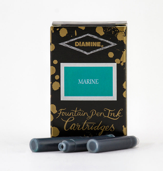 A packet of 18 Diamine fountain pen ink cartridges in Marine, in front of a white background.