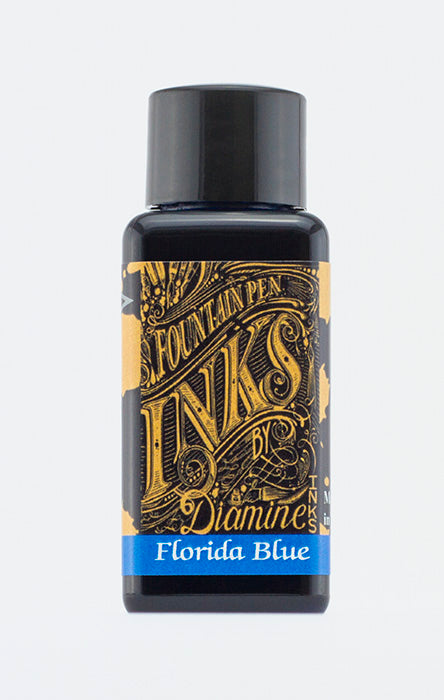 A bottle of 30ml Diamine Florida Blue fountain pen ink, in front of a white background.