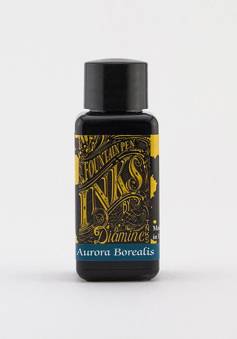 A bottle of 30ml Diamine Aurora Borealis fountain pen ink, in front of a white background.