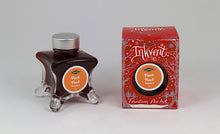 Load image into Gallery viewer, A glass bottle of 50ml Diamine Red Edition Inkvent Peach Punch fountain pen ink next to packaging box, in front of a white background.
