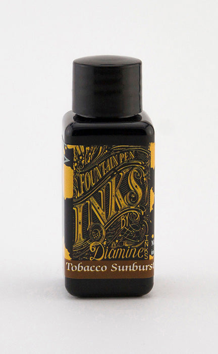A bottle of 30ml Diamine Tobacco Sunburst fountain pen ink, in front of a white background.