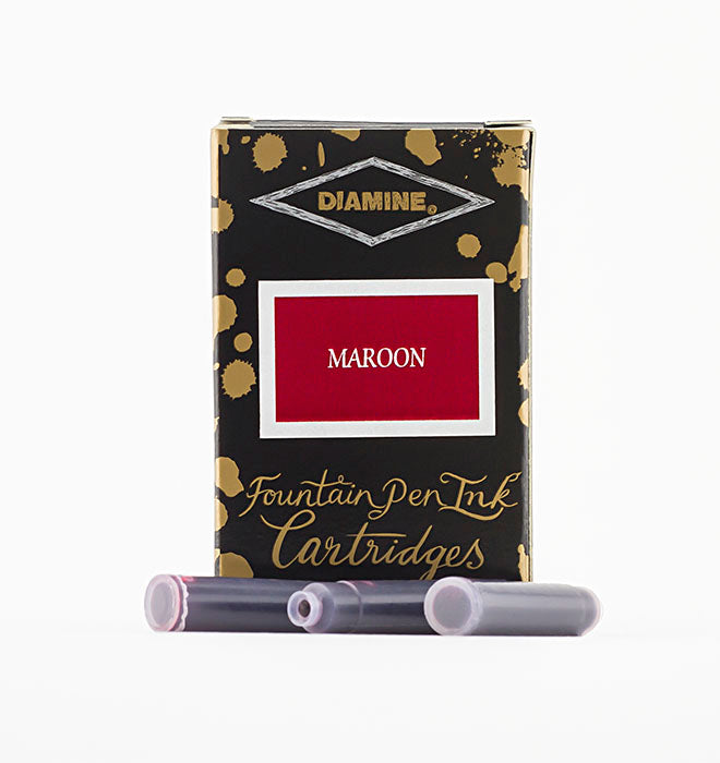 A packet of 18 Diamine fountain pen ink cartridges in Maroon, in front of a white background.