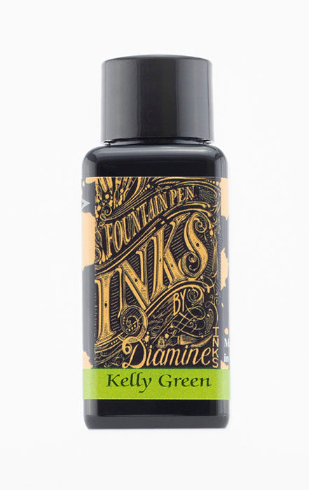 A bottle of 30ml Diamine Kelly Green fountain pen ink, in front of a white background.