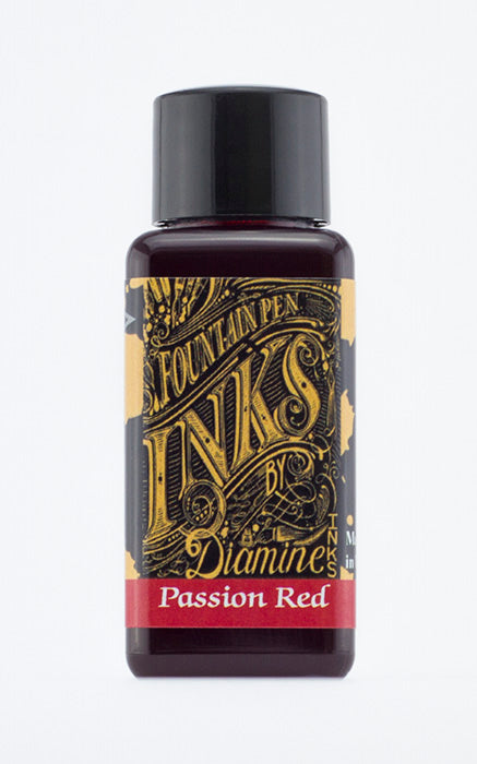 A bottle of 30ml Diamine Passion Red fountain pen ink, in front of a white background.