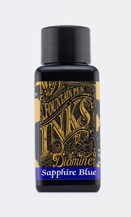 A bottle of 30ml Diamine Sapphire Blue fountain pen ink, in front of a white background.