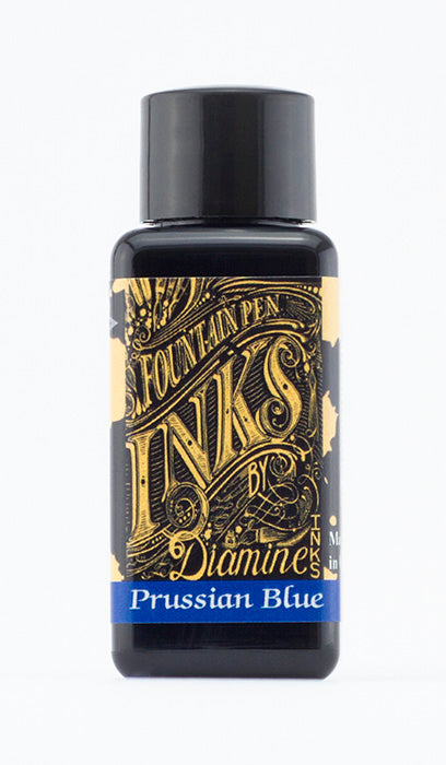A bottle of 30ml Diamine Prussian Blue fountain pen ink, in front of a white background.