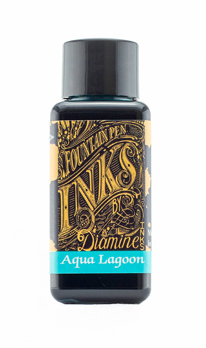 A bottle of 30ml Diamine Aqua Lagoon fountain pen ink, in front of a white background.