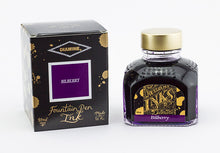 Load image into Gallery viewer, A glass bottle of 80ml Diamine Bilberry fountain pen ink next to its packaging box, in front of a white background.
