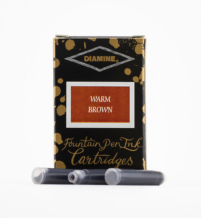 A packet of 18 Diamine fountain pen ink cartridges in Warm Brown, in front of a white background.