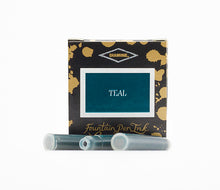 Load image into Gallery viewer, A packet of 6 Diamine fountain pen ink cartridges in Teal, in front of a white background.
