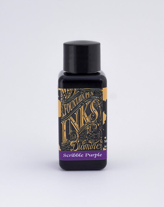A bottle of 30ml Diamine Scribble Purple fountain pen ink, in front of a white background.