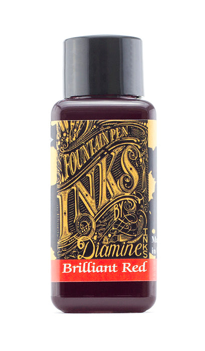 A bottle of 30ml Diamine Brilliant Red fountain pen ink, in front of a white background.