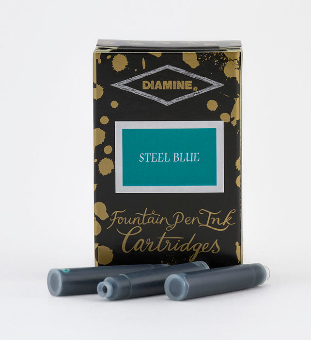 A packet of 18 Diamine fountain pen ink cartridges in Steel Blue, in front of a white background.