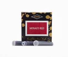 Load image into Gallery viewer, A packet of 6 Diamine fountain pen ink cartridges in Monaco Red, in front of a white background.
