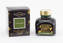 Load image into Gallery viewer, A glass bottle of 80ml Diamine Classic Green fountain pen ink next to its packaging box, in front of a white background.
