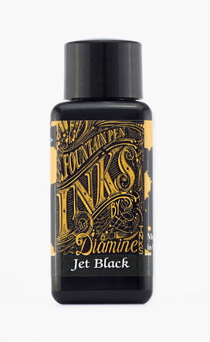A bottle of 30ml Diamine Jet Black fountain pen ink, in front of a white background.